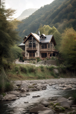 Mountain elegant house by the river. Generative AI vertical shotの素材