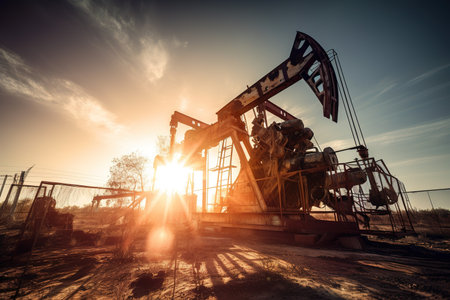 Big oil rig with dramatic sunset as background. Generative AIの素材