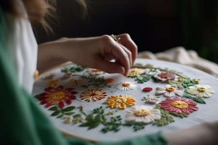 Unrecognizable woman doing flower embroidery. Small business concept. Generative AIの素材
