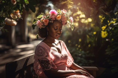 Beautifully African American pregnant woman sitting by park bench. Generative AIの素材