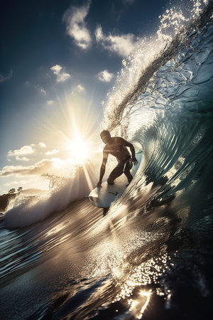Amazing shot of man surfing wave. Low angle perspective. Generative AI vertical shotの素材