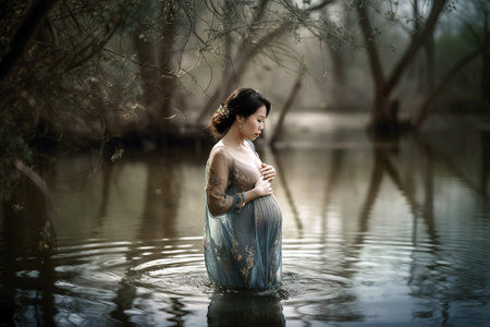 Asian pregnant woman photo shoot in the lake. Generative AIの素材