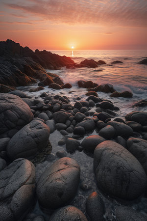 Dramatic sunset view by rocky beach. Generative AI vertical shotの素材