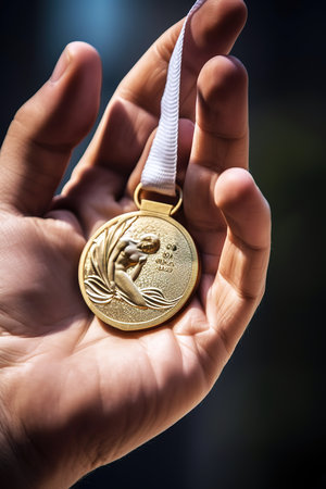 Hand holding gold medal. Close up shot, unrecognizable person. Generative AI vertical shotの素材