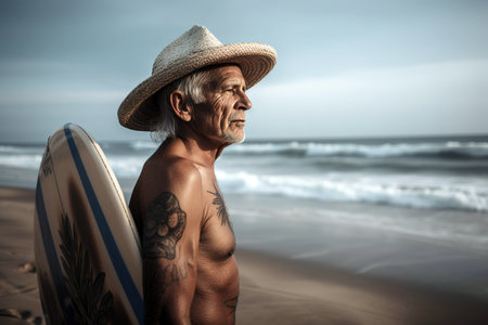 Senior man by the beach with surf board. Copy space for text. Generative AIの素材