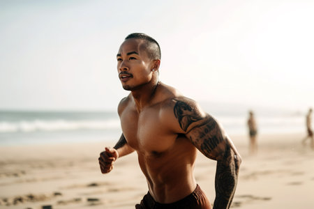 Attractive Asian man running along the beach. Generative AIの素材