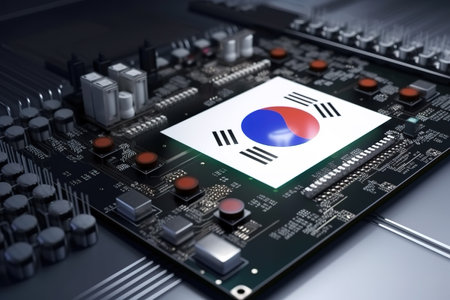 Close up shot of technological chip on mother board with Korean flag. Generative AIの素材