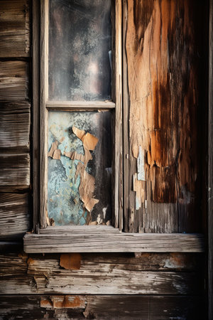 Old rustic wooden textured of abandoned house window. Generative AI vertical shotの素材