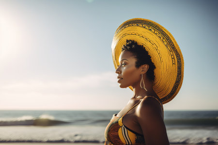 Gorgeous African American woman enjoying summer vacations by the beach. Copy space for text. Generative AIの素材