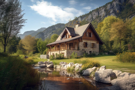 Country house by the river under mountain range. Generative AIの素材