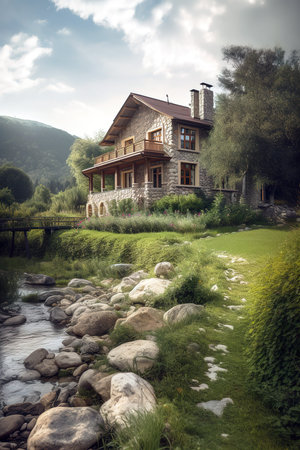 Cute country house by the river surrounded by stunning mountain landscape. Generative AI vertical shotの素材