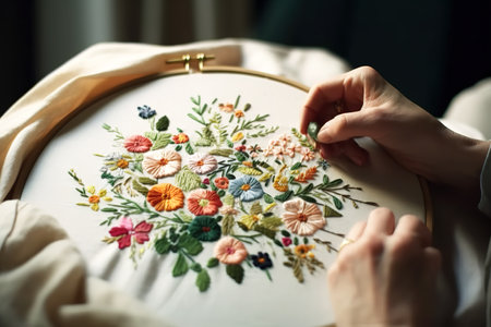 Close up shot of woman hands doing flower embroidery. Unrecognizable person. Generative AIの素材