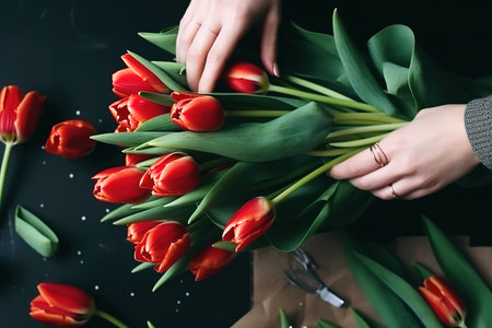 Top view of florist making bouquet of red tulip flowers. Small business concept. Generative AIの素材
