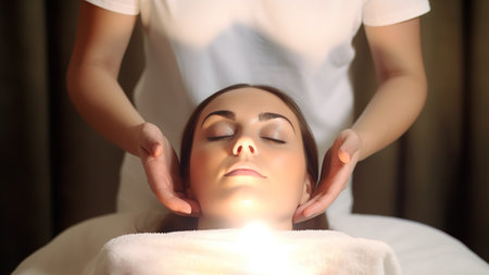Young woman receiving reiki session in healing center. Close up head shot. Generative AIの素材