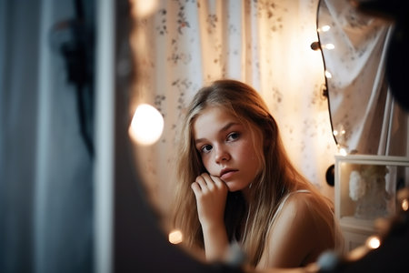 Teenage girl looking herself in the mirror of her bedroom. Generative AIの素材