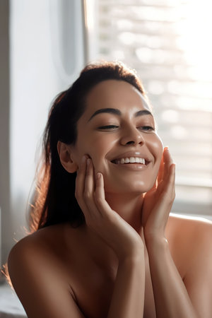 Latin young woman applying moisturizing lotion on face after shower. Generative AI vertical shotの素材