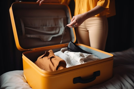 Woman packing suitcase for summer vacations. Close up shot, unrecognizable woman. Generative AIの素材