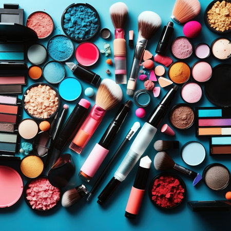 Table top view of colorful make up cosmetics. Generative AIの素材