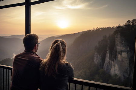 Couple looking at amazing view by sunset of remote location by the mountain. Generative AIの素材