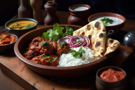 Tasty traditional Indian tandoori dish with chicken curry, rice and naan bread. Generative AIの素材