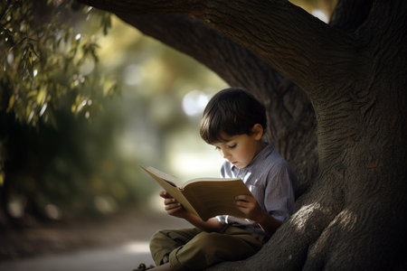 Cute little boy reading book under tree in the park. Generative AIの素材