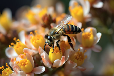 Close up shot of bee pollinating flower. Close up shot. Generative AIの素材