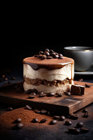 Delicious gourmet tiramisu, traditional Italian dessert. Dark food photography. Generative AI vertical shotの素材
