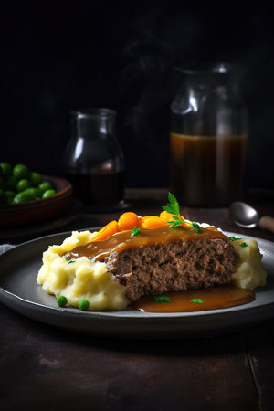 Delicious gourmet meatloaf with mince beef and smash potatoes. Dark food photography. Generative AI vertical shotの素材
