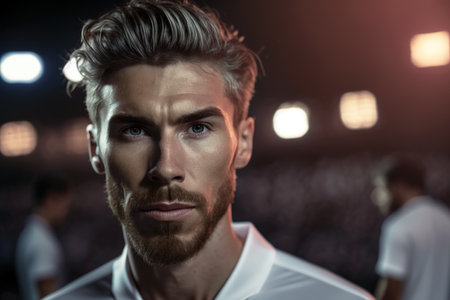 Close up shot of professional soccer player looking at camera with copy space. Generative AIの素材