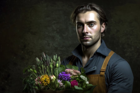 Portrait of handsome florist man with a bouquet of flowers. Generative AIの素材
