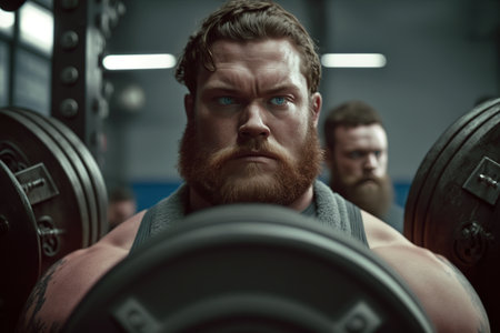 Red haired strong man doing weightlifting. Generative AIの素材
