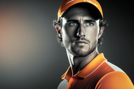 Headshot portrait of professional young man golf player. Generative AI with copy spaceの素材
