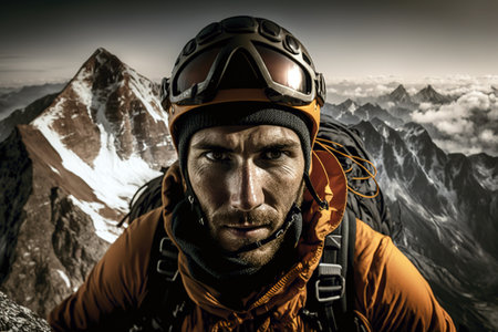 Portrait of professional climber at the top of snowcapped mountain. Generative AIの素材