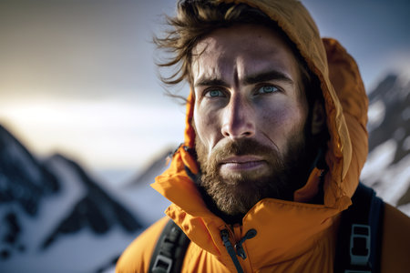 Portrait of Caucasian mountain climber with snowy peak mountains as background. Generative AIの素材