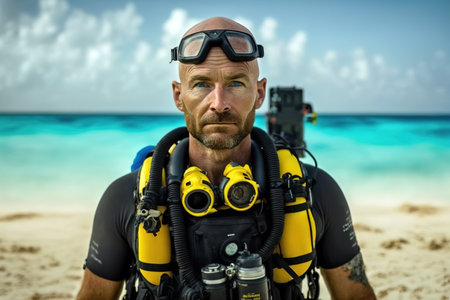 Professional scuba diving instructor at the beach. Posing looking at camera. Generative AIの素材