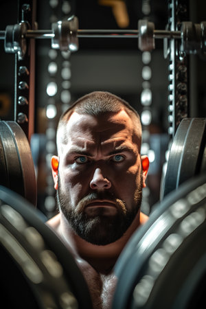 Close up shot of strong man weightlifter in the gym surrounded by dumbbells. Focus on foreground. Vertical Generative AIの素材