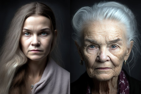 Process of aging portrait. Same woman then and now. Generative AIの素材