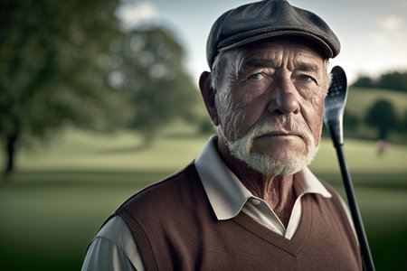 Mature golf player man posing at camera in outdoors course field. Generative AIの素材