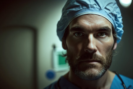 Portrait of surgeon looking intense at the camera. Generative AIの素材