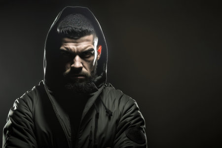 Portrait of professional boxer with hoodie and aggressive attitude. Dark background with copy space. Generative AIの素材