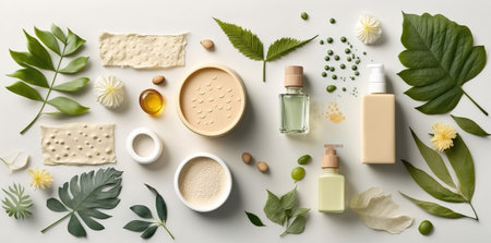 Beauty organic and ecological products over white background and decorated with green leaves. Generative AIの素材