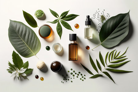 Top view layout of essential oils. Herbal eco friendly cosmetics. Generative AIの素材