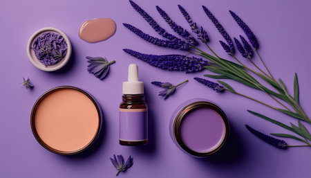 Beauty banner layout with organic cosmetics over lilac background with lavender. Generative AIの素材