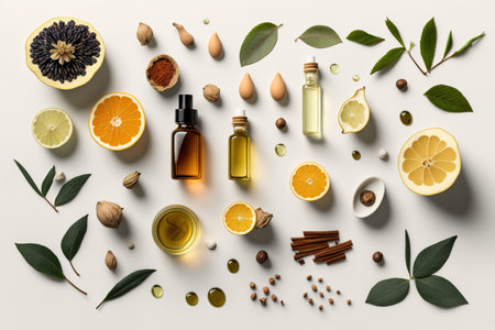 Essential oils flat layout over white background. Herbal eco friendly cosmetics. Generative AIの素材