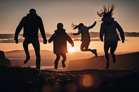 Silhouette of family of four jumping above the hill at sunset. Generative AIの素材