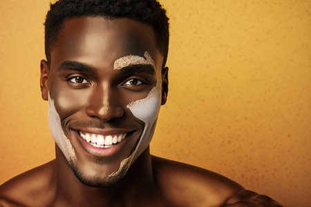 Attractive African American young man with facial treatment over yellow background,. Studio shot style. Generative AIの素材