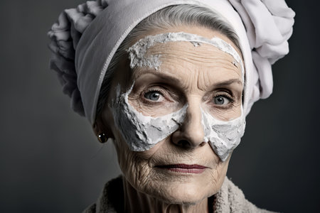 Senior woman with facial treatment on face. Portrait looking at camera. Generative AIの素材
