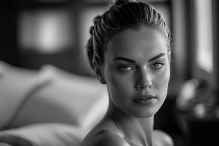 Attractive young woman black and white portrait. Spa day, relaxation concept. Generative AIの素材