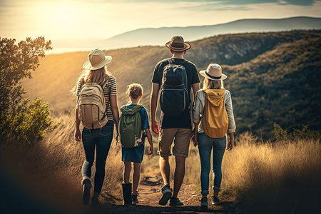 Family walk above the hills by the sunset. Back view or family of four people. Generative AI illustrationの素材