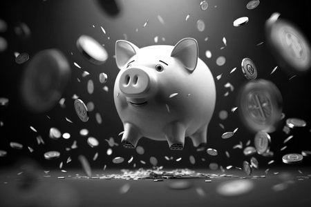 Black and white illustration of piggy bank with coins flying as background. Generative AIの素材